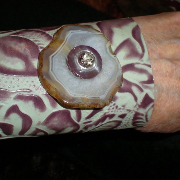 One of a Kind Wide Embossed Leather Cuff with Gorgeous Agate and more - Picture 3 of 5